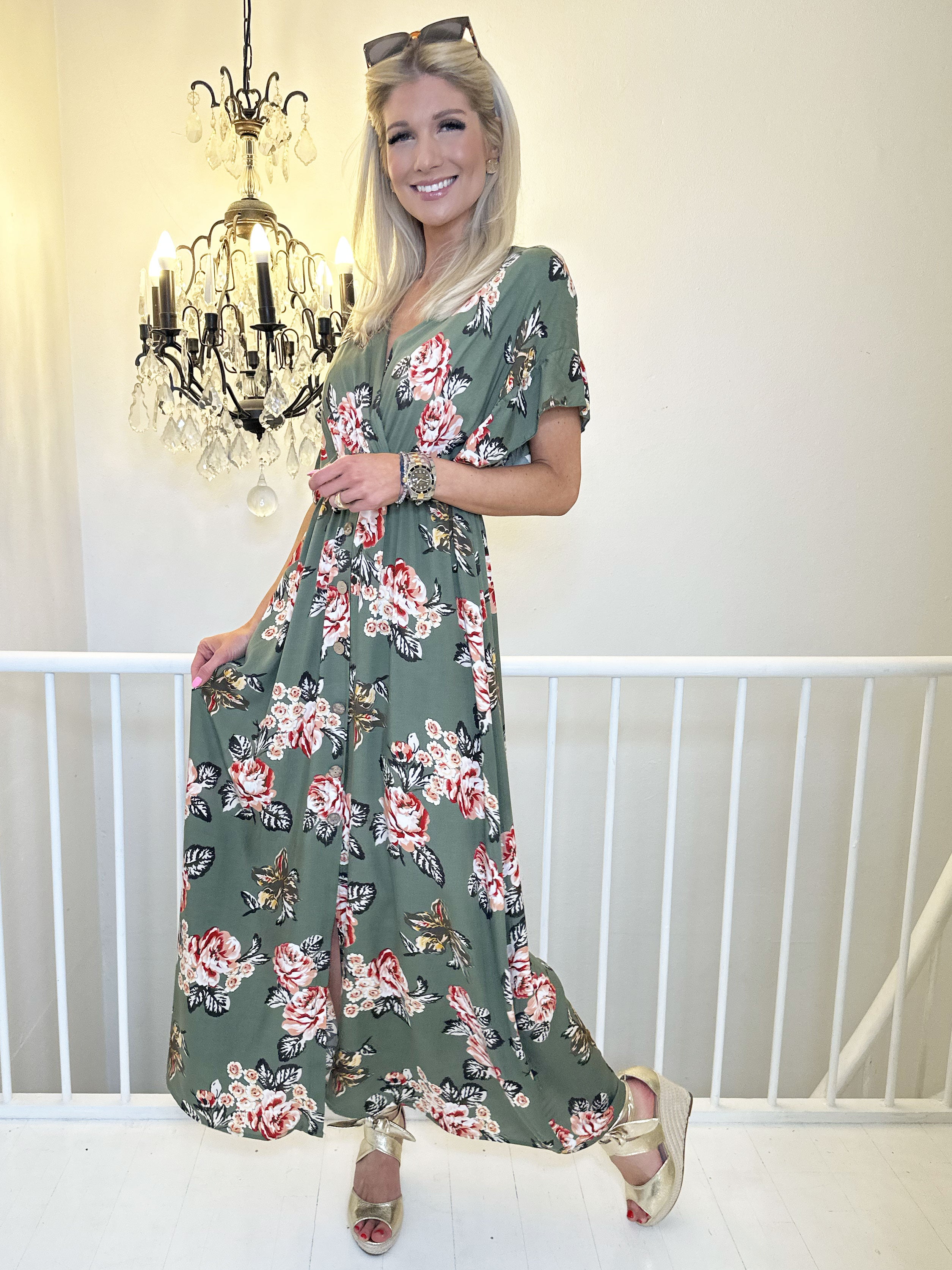 Alina Rose - Lang sommerkjole i blomsterprint med træknapper